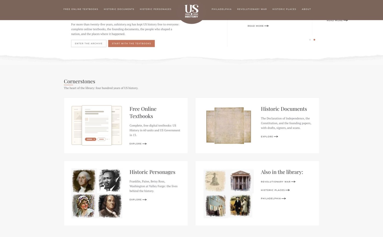 The Cornerstones section of the new homepage, presenting the content pillars